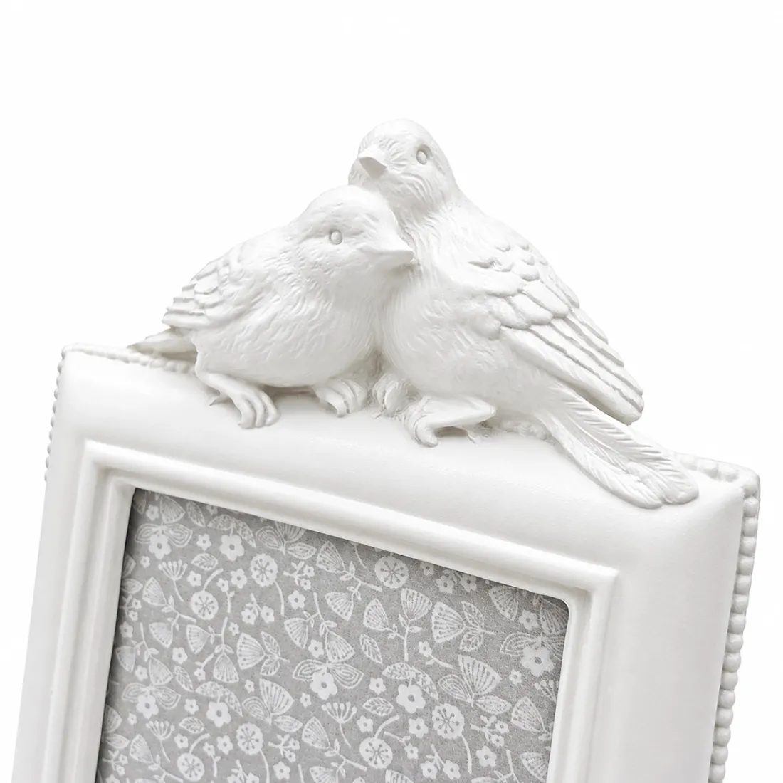 Close up of decorative birds on top of a white photo frame.