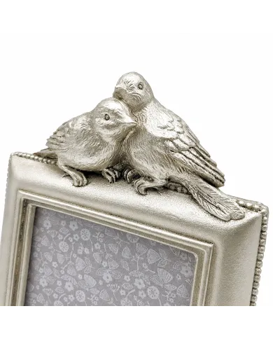 Close-up van decoratieve vogeltjes bovenop een fotolijst met lovebirds.