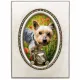A decorative silver photo frame with an oval design, featuring a small dog sculpture at the bottom.