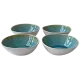 Set van vier keramische borrel schaaltjes met een witte buitenkant en een glanzende, craquelé turquoise binnenkant.