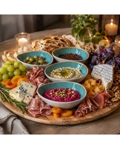 Een plank met borrel schaaltjes gevuld met kaas, brood, druiven en diverse hapjes.