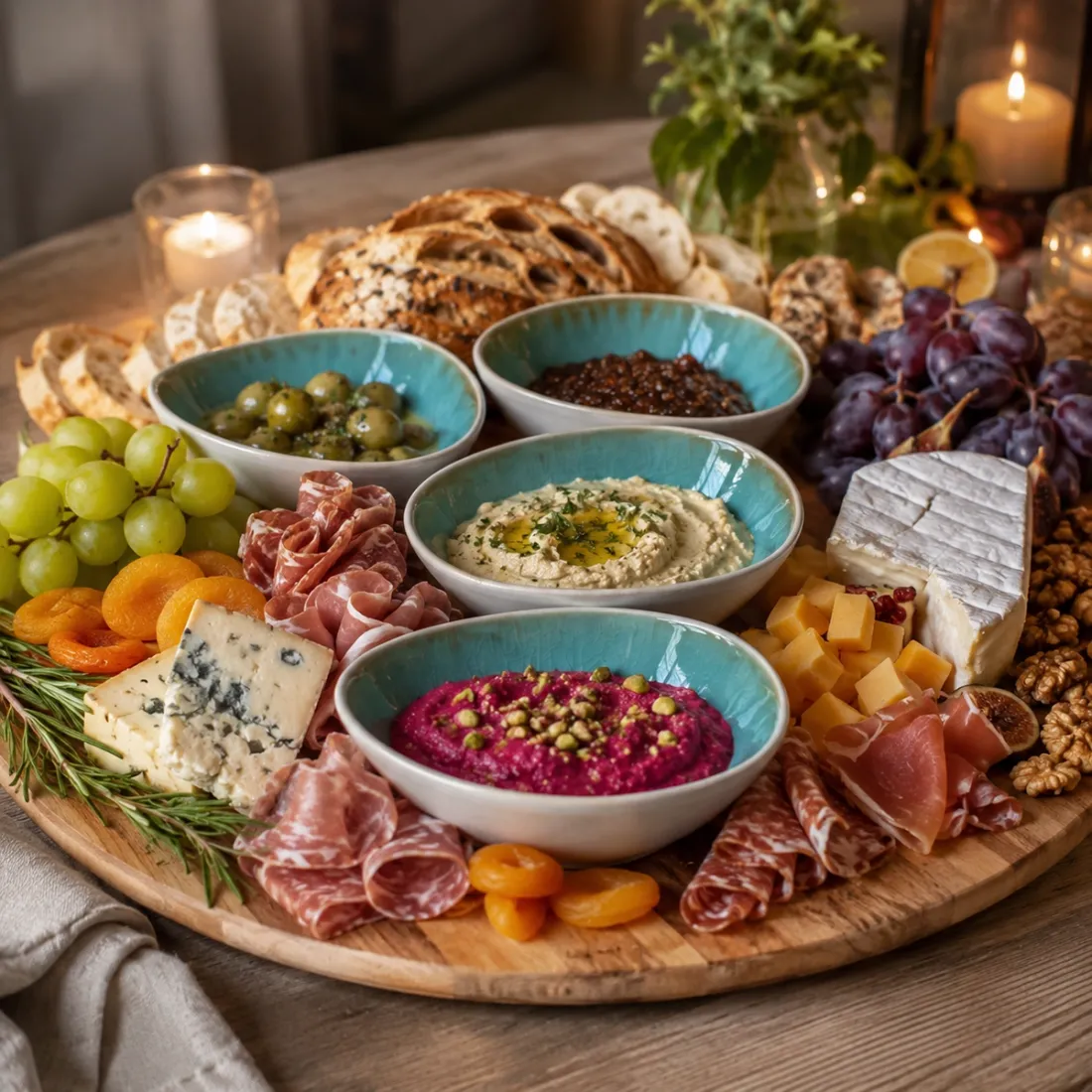 Een plank met borrel schaaltjes gevuld met kaas, brood, druiven en diverse hapjes.