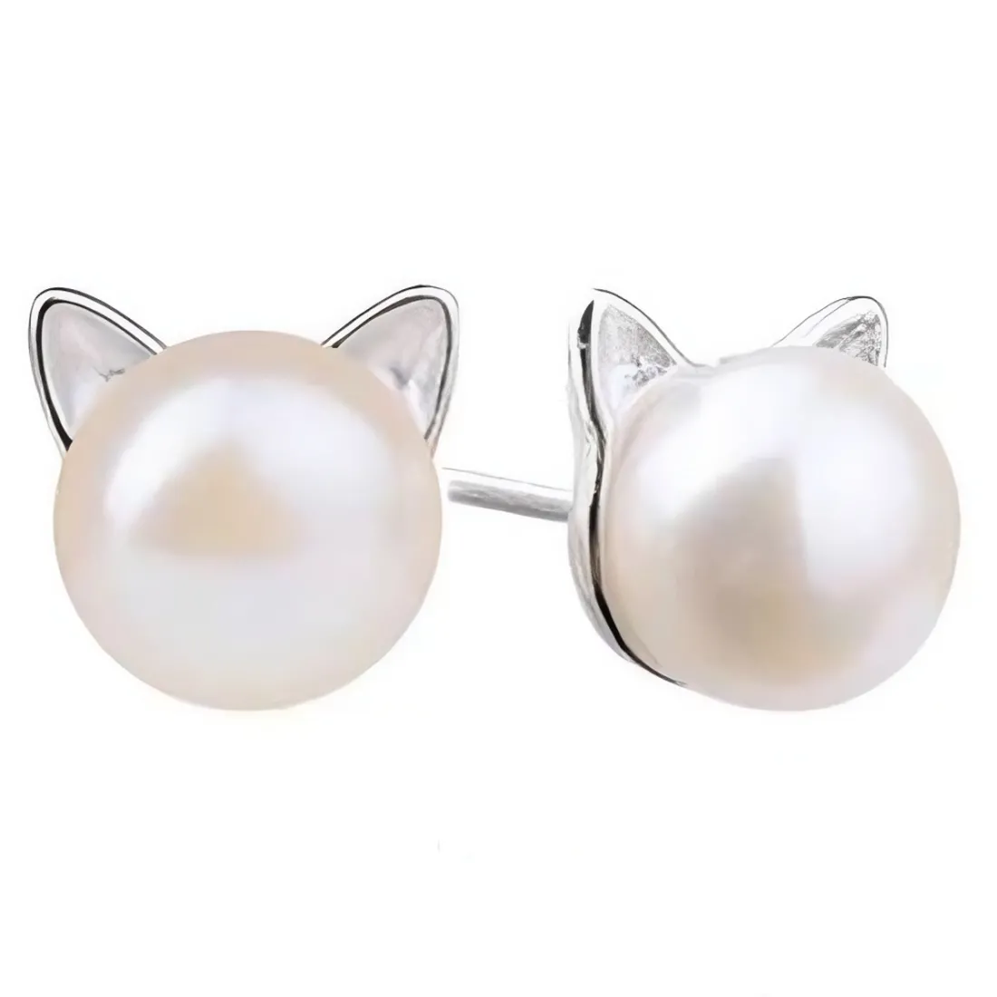 Pair of cat stud earrings with pearls and silver ears on a white background.