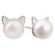 Pair of cat stud earrings with pearls and silver ears on a white background.