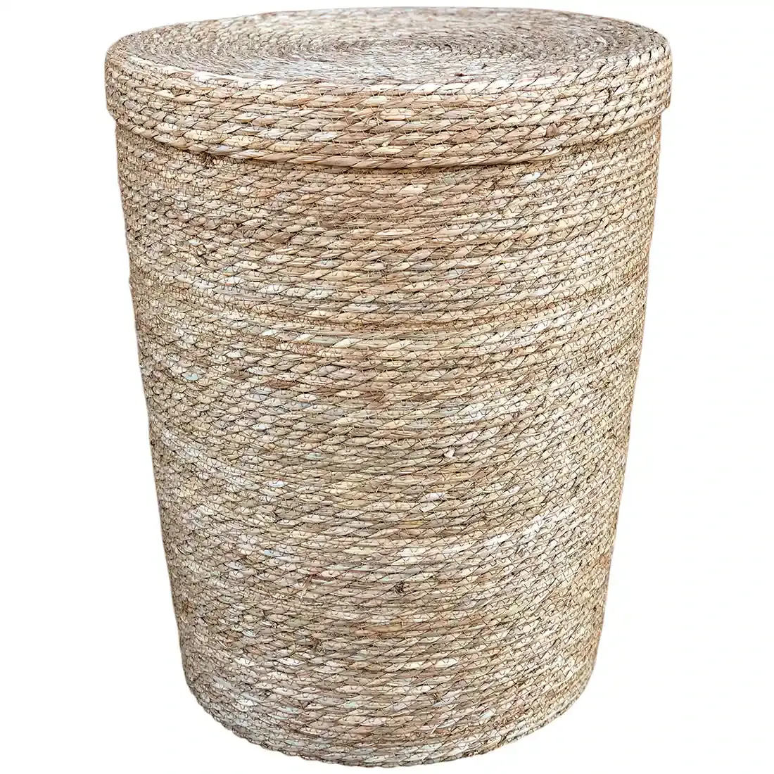 Open rattan laundry basket in a cylindrical shape and a textured, rustic finish.