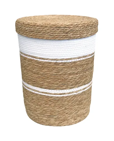 White laundry basket with lid made from natural coloured and white woven seagrass.