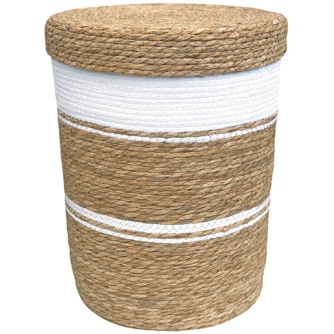 White laundry basket with lid made from natural coloured and white woven seagrass.