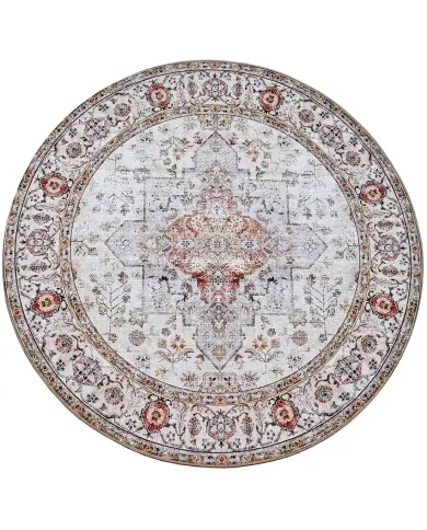 Round, beige rug with intricate patterns and a central medallion design in muted colours.