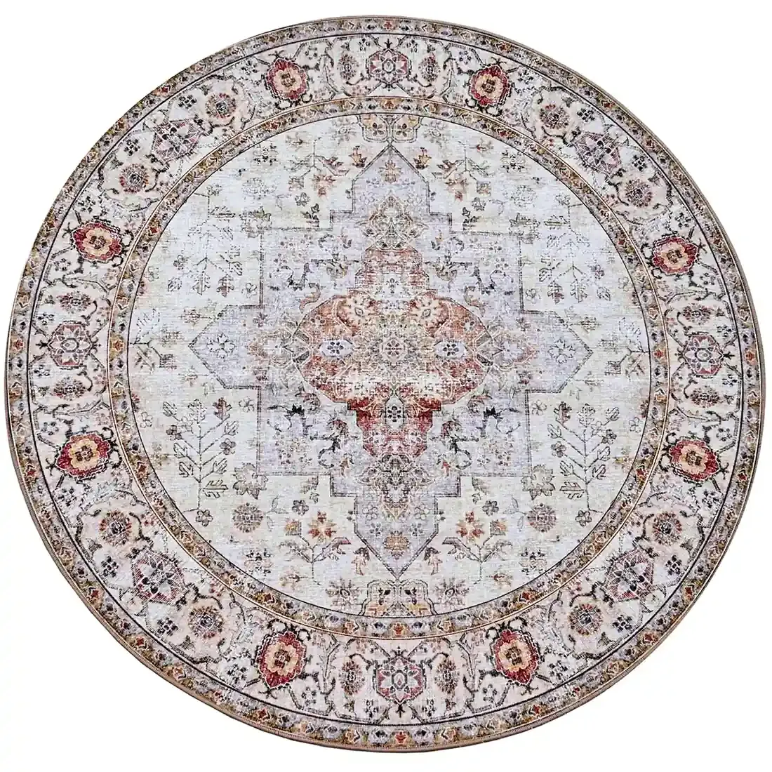 Rond vloerkleed beige met fijnmazige patronen en een centraal medaillonontwerp in gedempte kleuren.