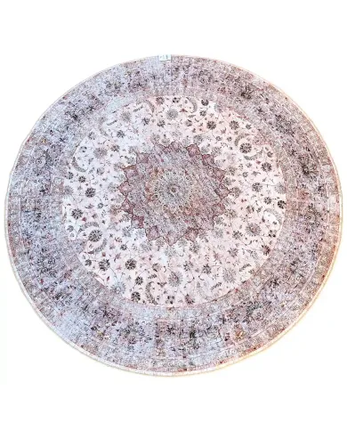 Beige round rug with intricate patterns and a central medallion motif.