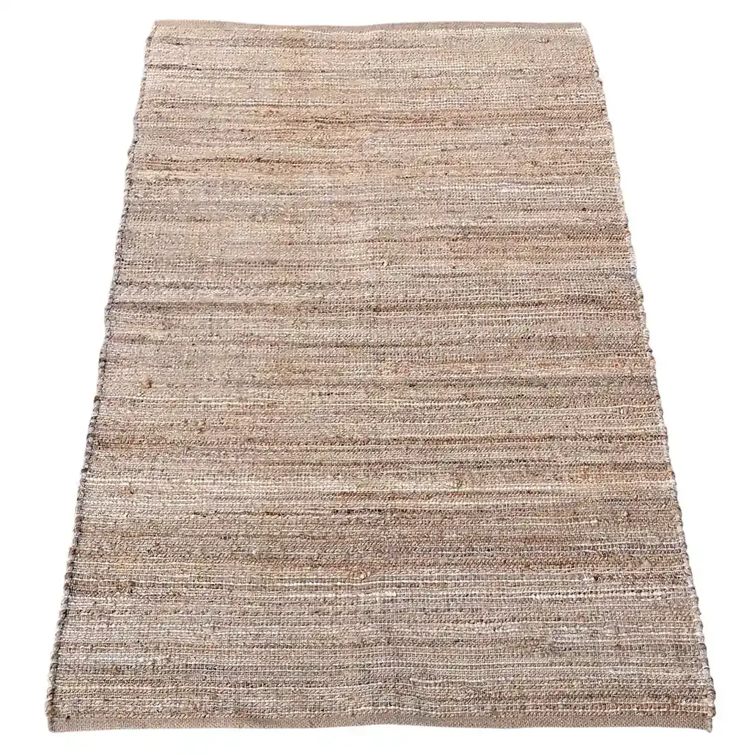 Getextureerd rechthoekig jute vloerkleed in neutrale tinten, met subtiele strepen en een natuurlijke vezellook.