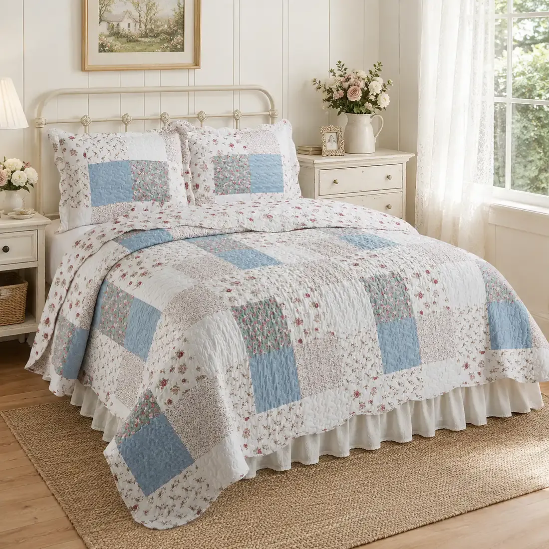 Gezellige slaapkamer met een bed sprei bloemen in een patchwork cottage look.