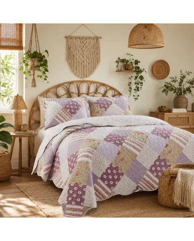 A cozy bed with a patchwork quilt in muted pinks and mauve tones, complemented by matching pillows, amidst a bright, airy room.