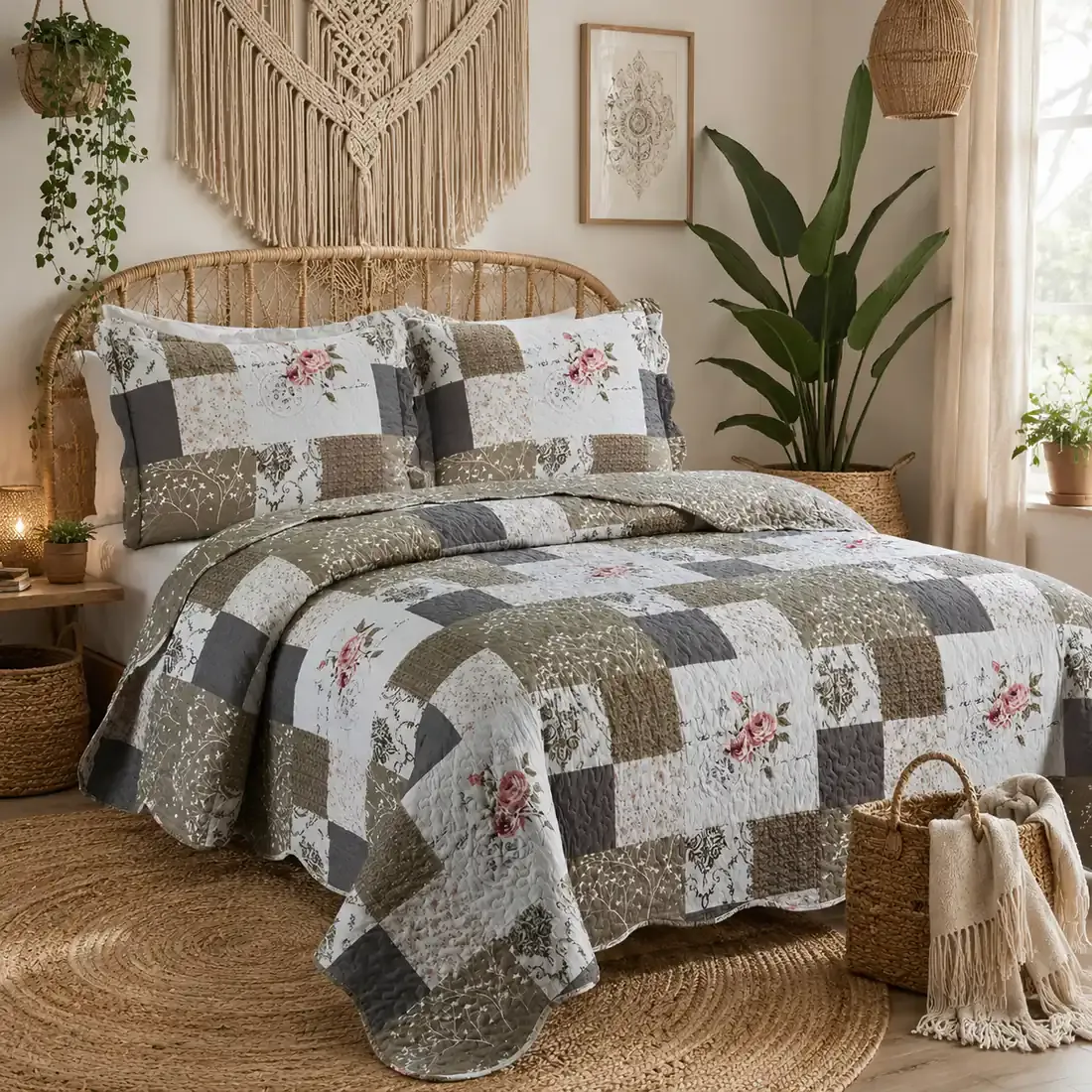 Bedsprei beige patchwork met bloemmotief op een bed in een lichte gedecoreerde kamer.