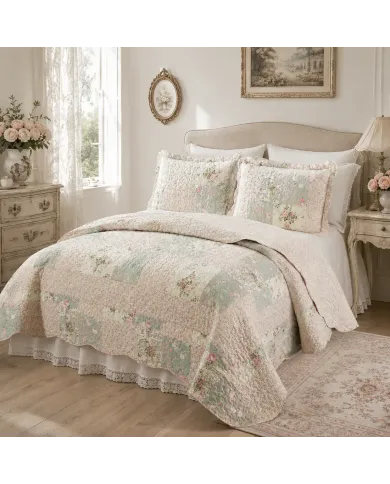 Elegant bedroom with a Rosebud floral quilt set on bed, matching pillows, and classic decor.