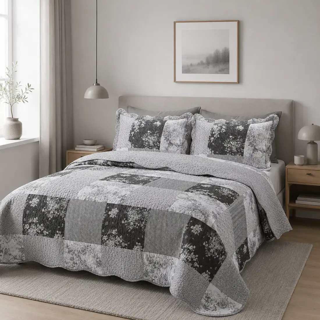 Grey quilt in a patchwork of floral and diamond motifs with matching pillowcases on a neatly made bed.