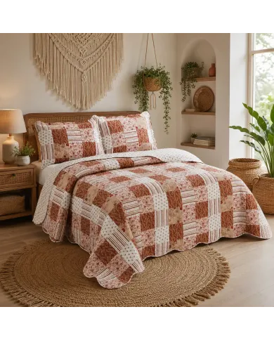 Een gezellige slaapkamer met een patchwork roze bedsprei in bloemen- en paisleyprints.