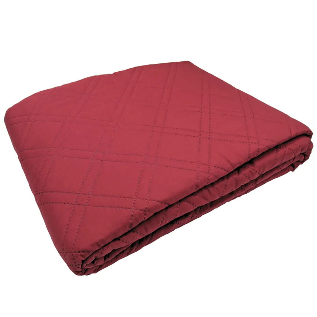 Folded red bedspread, showcasing a double diamond pattern.