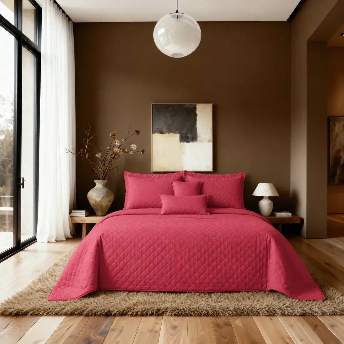 A neatly made bed with a red quilt in a room with white curtains and a bedside table.