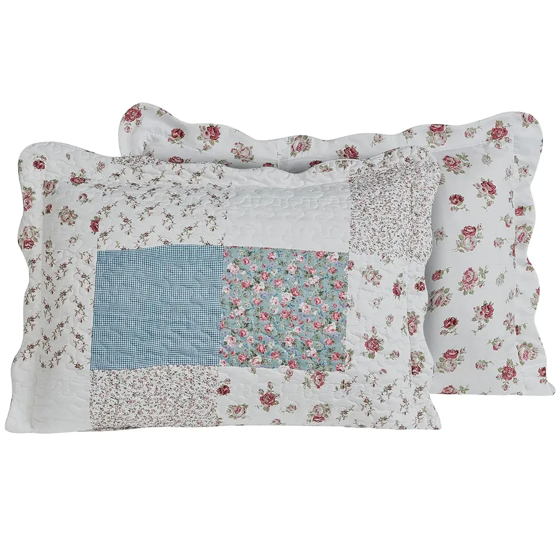 Patchwork pillowcase in blue displaying the Cottage Charm coordinating front and back patterns.