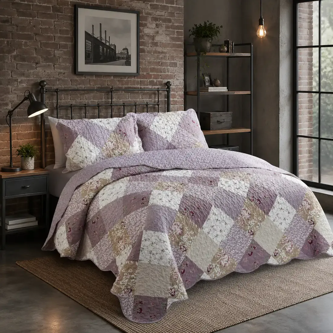Een gezellige slaapkamer met een lavendelkleurig patchwork bloemen sprei en bijpassende kussensloop bloemen.