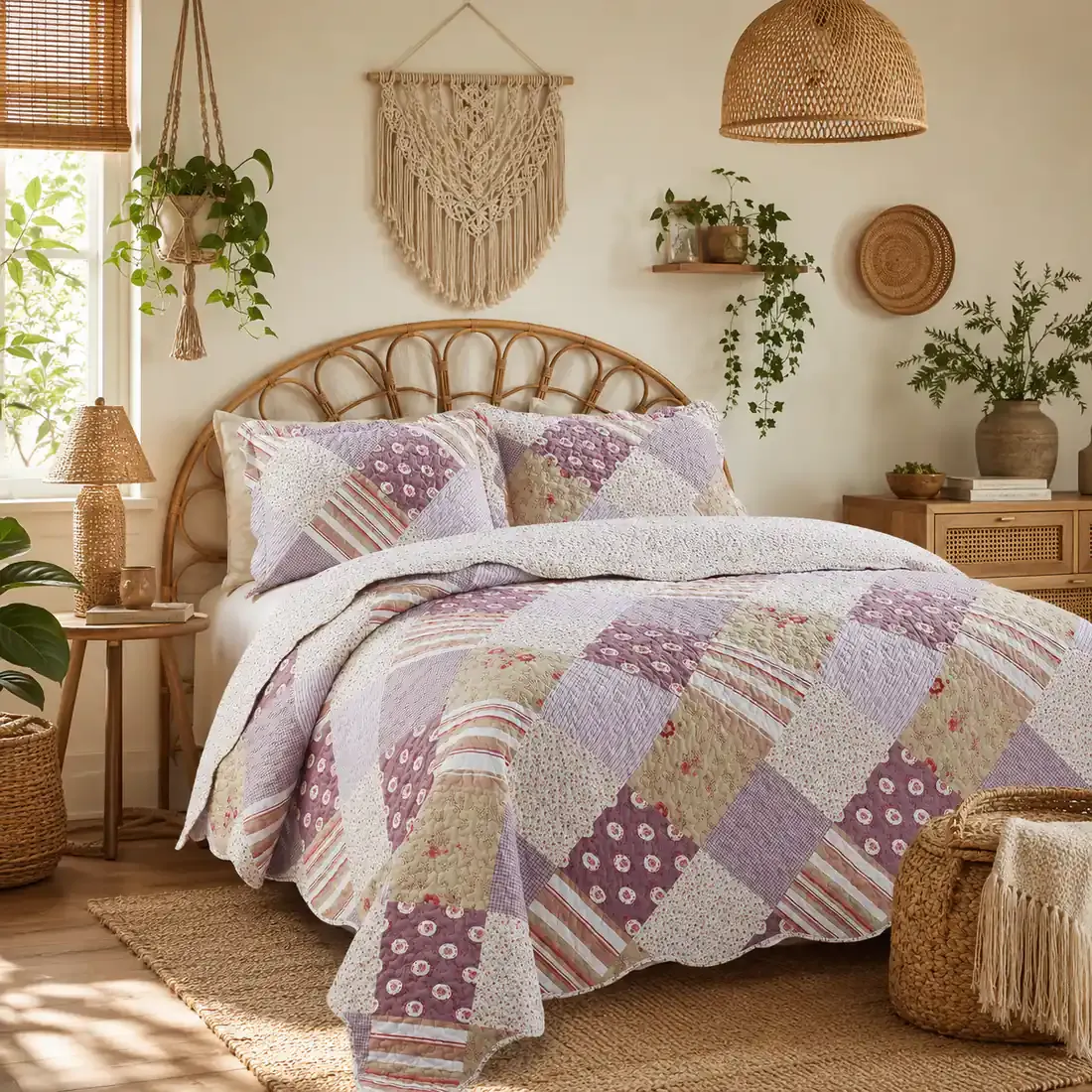 Een knus bed met daarop een patchwork bedsprei oud roze en mauve getint, aangevuld met bijpassende kussensloop roze.