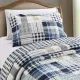 Een blauwe kussensloop met bijpassende sprei op een netjes opgemaakt bed.