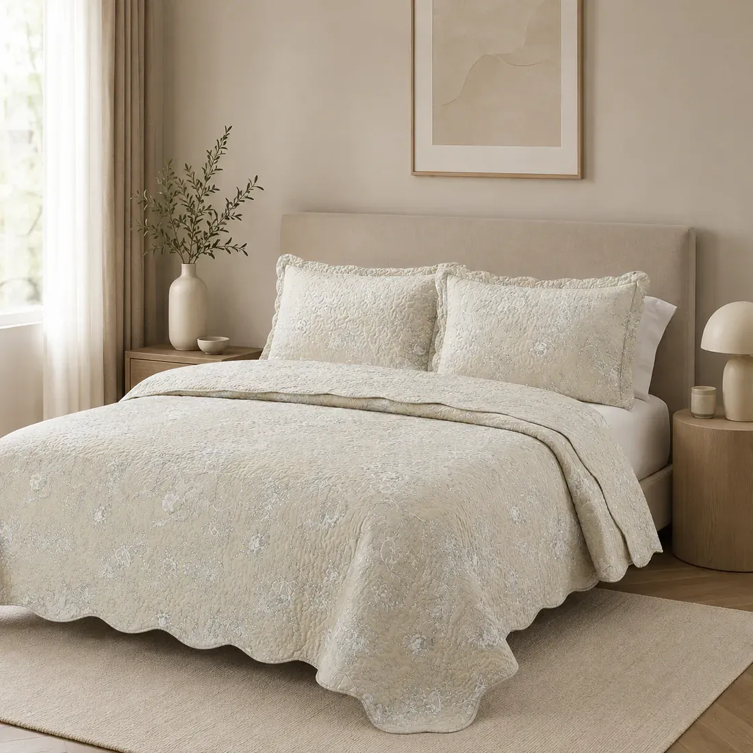 Elegante beige kussensloop met subtiele bloemenprint, geschulpte randen en bijpassende sprei op een knus bed.