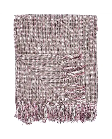 A folded woven pink throw blanket with tassels on the edges.