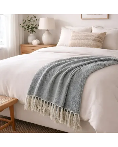 Woven Grey Cotton Throw - a classic herringbone pattern