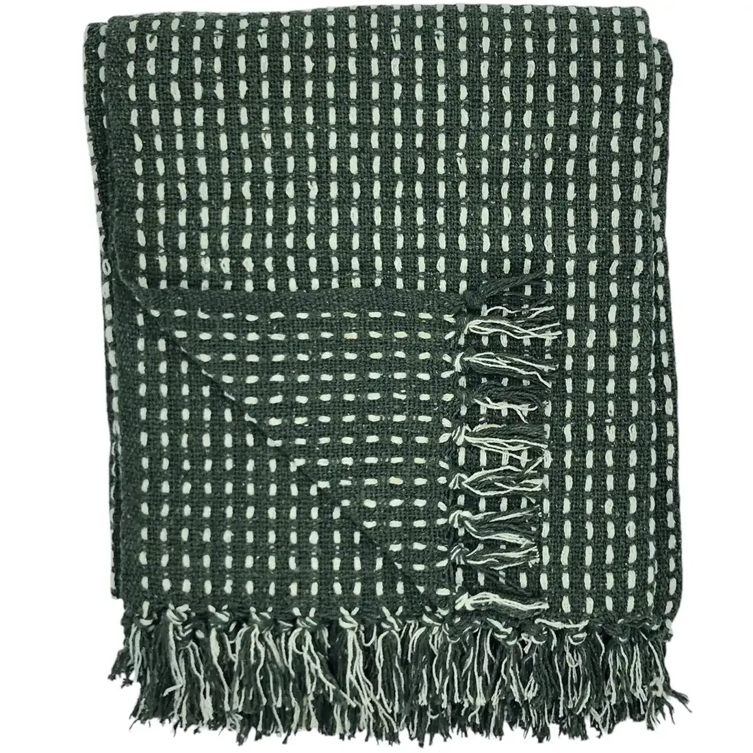 Een groene plaid met een contrasterend steekpatroon en kwastjes aan de randen.