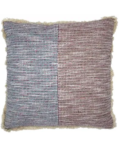 Multicolored woven blue & pink cushion with fringe on edges.