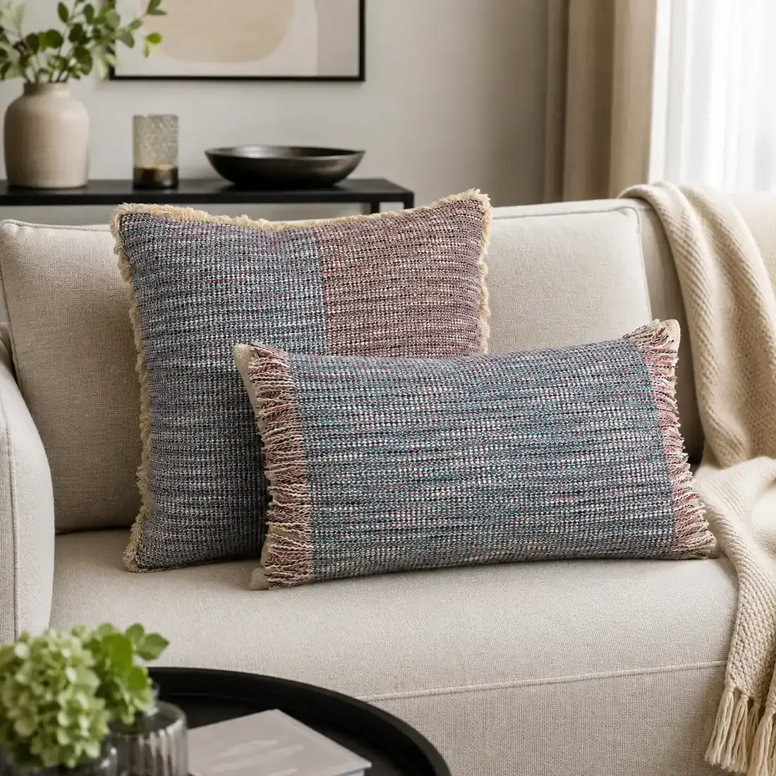 Rectangular Woven Cushion with Fringe - perfect for adding bohemian chic to any room!