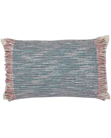 Rectangular woven blue cushion with fringed edges.