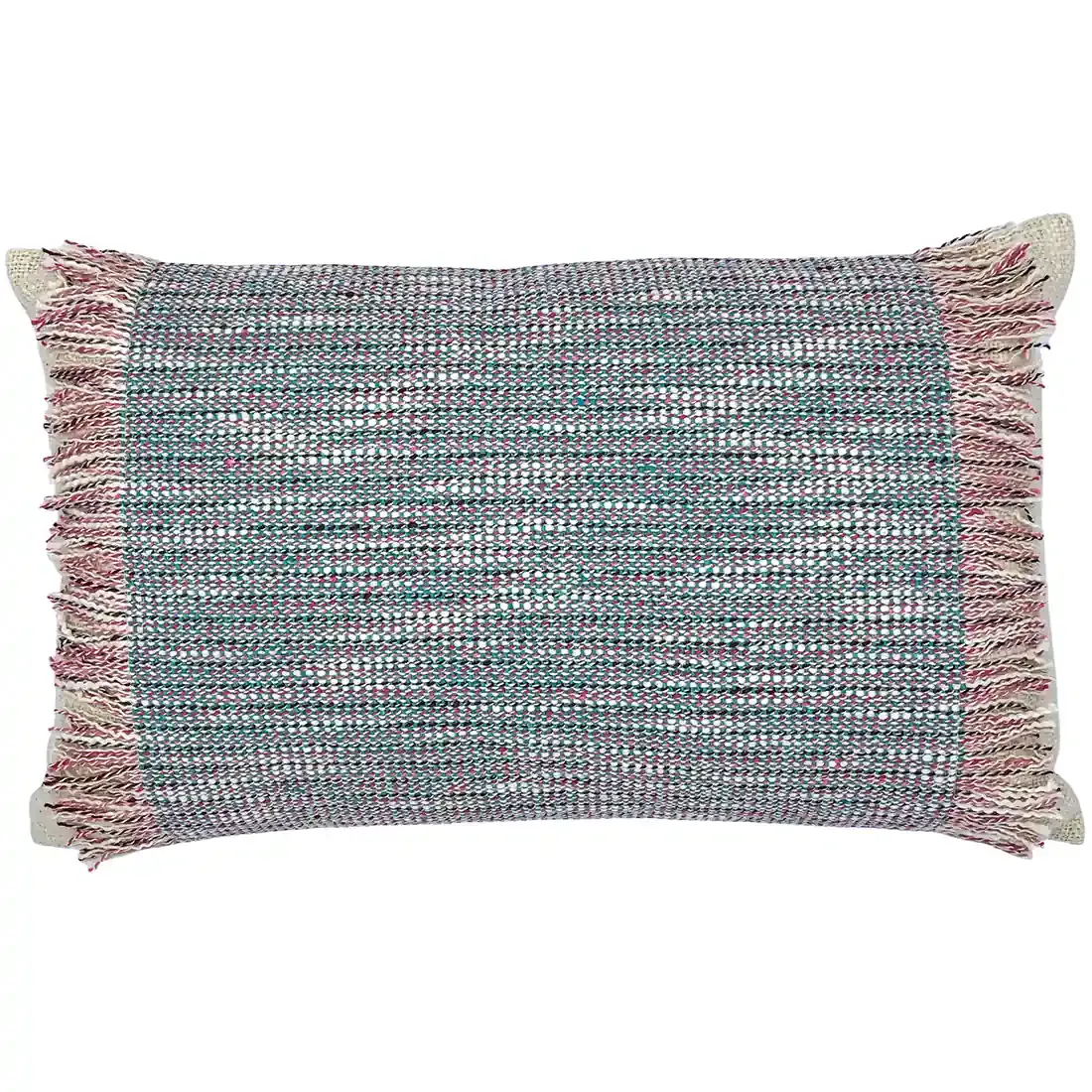 Rechthoekig geweven blauw sierkussen met franjes aan de randen.