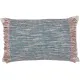 Rectangular woven blue cushion with fringed edges.