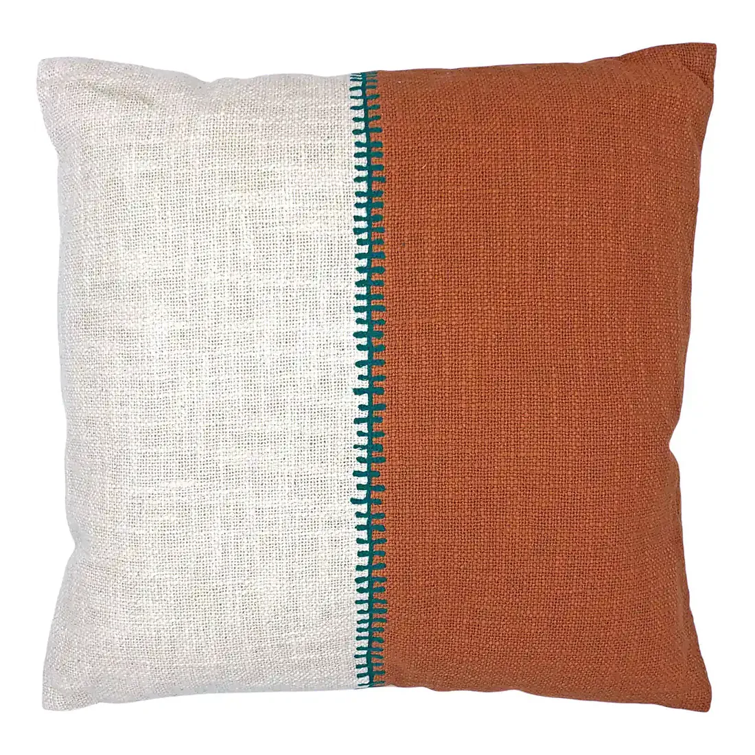 Two-tone woven cushion with embroidered stitching down the centre.