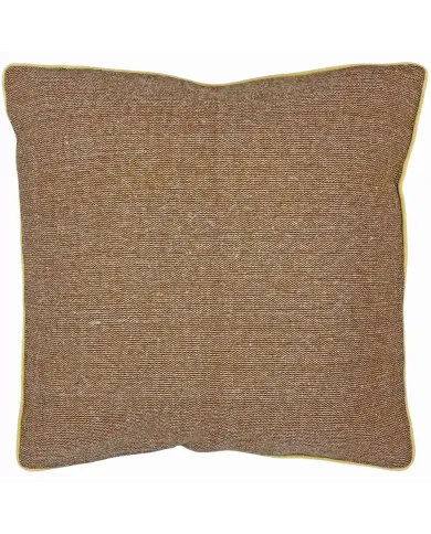 A square decorative cushion featuring a soft terracotta fabric with a yellow trim around the edges.