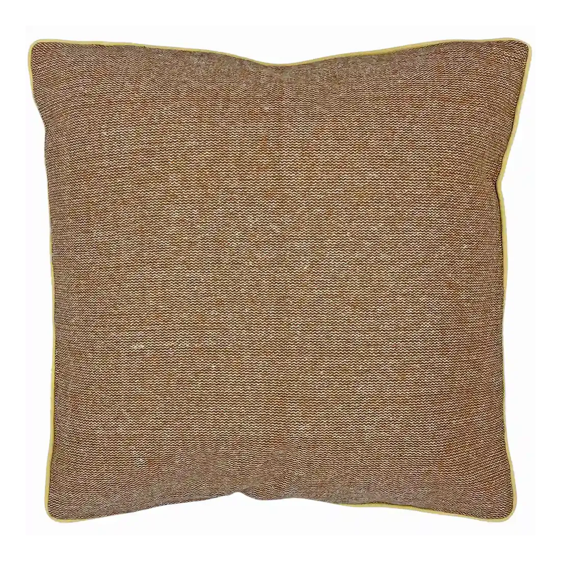 A square decorative cushion featuring a soft terracotta fabric with a yellow trim around the edges.