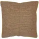 A square decorative cushion featuring a soft terracotta fabric with a yellow trim around the edges.