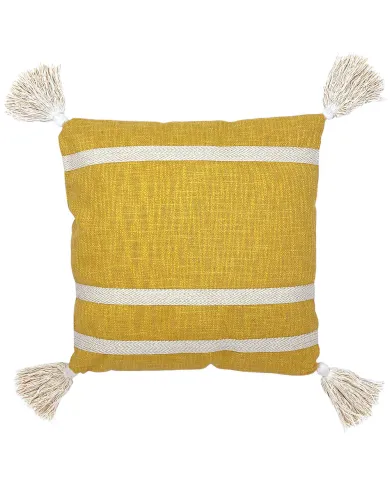 A golden yellow decorative pillow with cream tassels and two horizontal stripes.