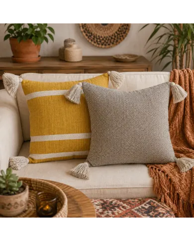Yellow Cushion with Tassels - a touch of bohemian chic