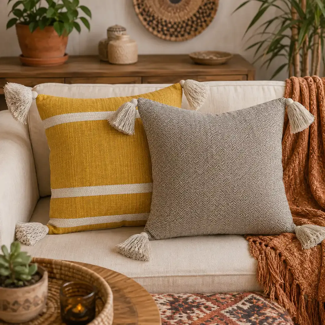 Yellow Cushion with Tassels - a touch of bohemian chic