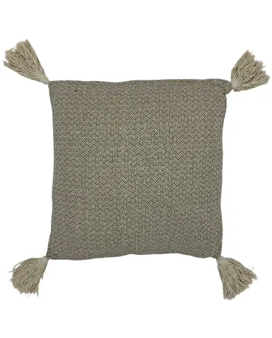 A square taupe cushion with a herringbone pattern and tassels at each corner.