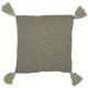 A square taupe cushion with a herringbone pattern and tassels at each corner.