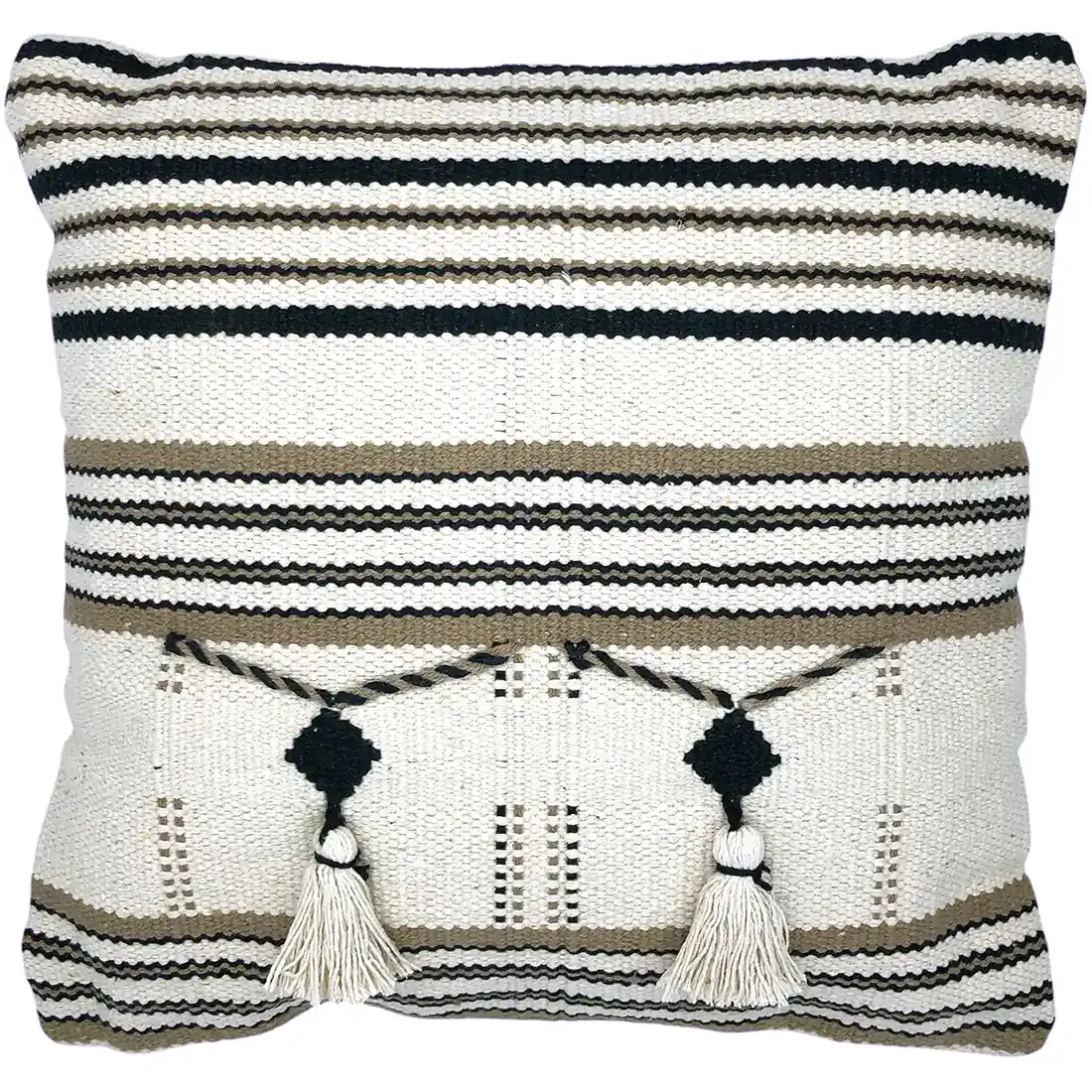 Striped beige cushion with tassels on a white background.