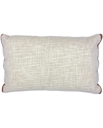 Rectangular beige cushion with scalloped edges in terracotta.