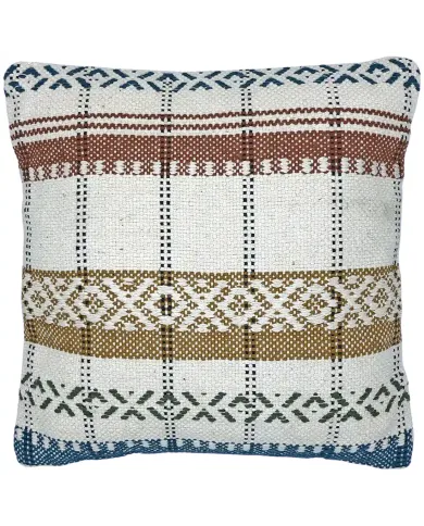Decorative multicoloured cushion with geometric embroidery.
