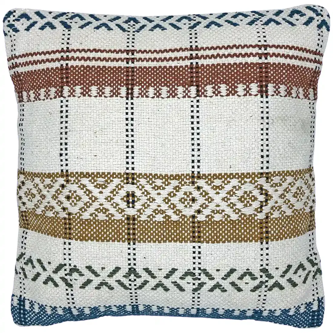Decoratief veelkleurig geweven kussen met geometrisch borduursel.