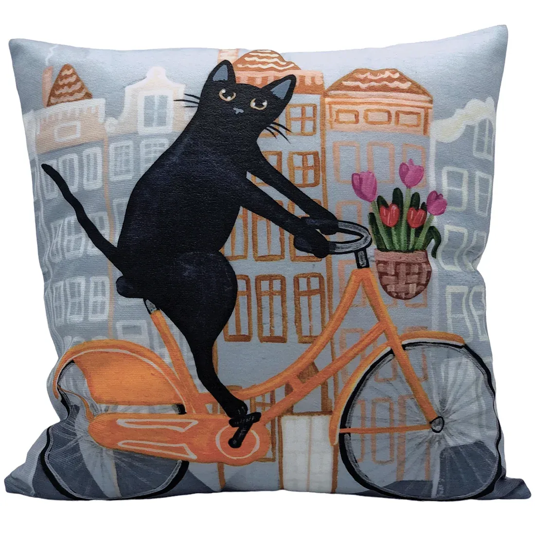 A decorative cushion featuring a black cat riding an orange bicycle, with a basket of flowers.